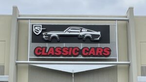 Outdoor metal sign for Classic Cars shop